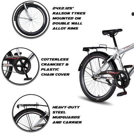 Vaux Plus Cycle for Boys 24T with Carrier, 24inch Cycle for Kids with Steel Frame, Rigid Fork, Alloy Rims,24x2.125inch Ralson Tyre, Bicycle for Kids 10 to 15 Years (Silver) 