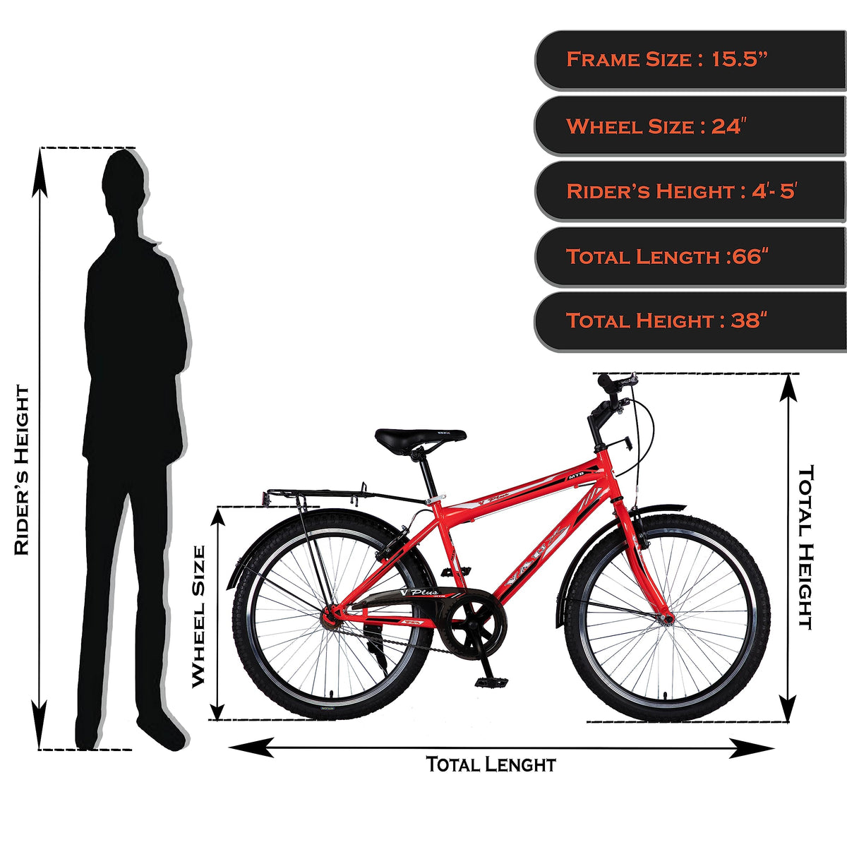 Vaux Plus Cycle for Boys 24inch with Carrier, 24T Cycle with Steel Frame, Rigid Fork, Alloy Rims,24x2.125inch Ralson Tyre, Bicycle for Boys 10 to 15 Years (Red) 