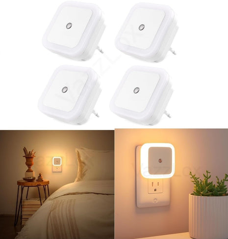 VazzLox Night Lamp for Bedroom 4PCS Smart Sensor Automatic ON/OFF Dim LED Light Energy Saving 0.5W Night Light Long Life Plug in Bed Lamps for Bedroom Lights for Hallway Stairs Kitchen Bathroom (Warm) 