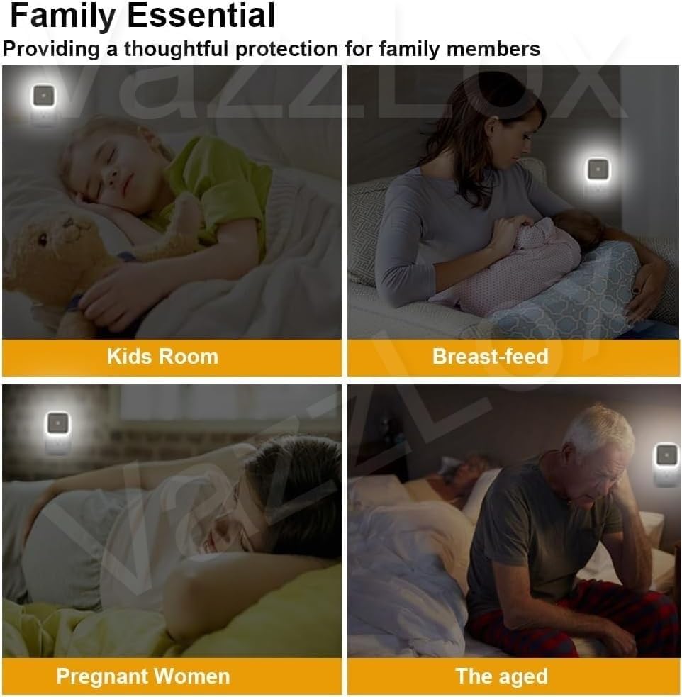 VazzLox Night Lamp for Bedroom 4PCS Smart Sensor Automatic ON/OFF Dim LED Light Energy Saving 0.5W Night Light Long Life Plug in Bed Lamps for Bedroom Lights for Hallway Stairs Kitchen Bathroom (Warm) 