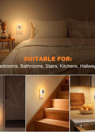 VazzLox Night Lamp for Bedroom 4PCS Smart Sensor Automatic ON/OFF Dim LED Light Energy Saving 0.5W Night Light Long Life Plug in Bed Lamps for Bedroom Lights for Hallway Stairs Kitchen Bathroom (Warm) 