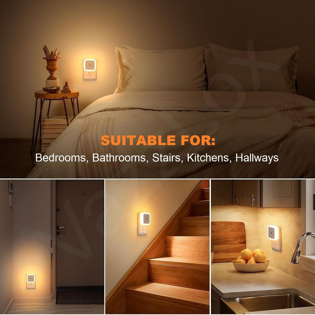 VazzLox Night Lamp for Bedroom 4PCS Smart Sensor Automatic ON/OFF Dim LED Light Energy Saving 0.5W Night Light Long Life Plug in Bed Lamps for Bedroom Lights for Hallway Stairs Kitchen Bathroom (Warm) 