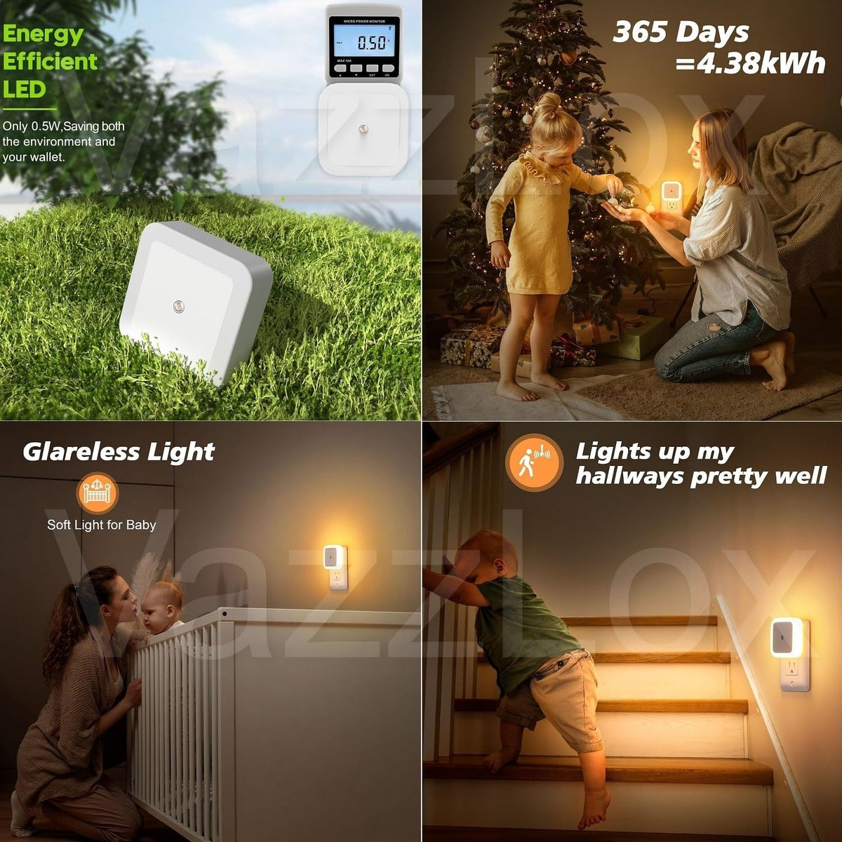 VazzLox Night Lamp for Bedroom 4PCS Smart Sensor Automatic ON/OFF Dim LED Light Energy Saving 0.5W Night Light Long Life Plug in Bed Lamps for Bedroom Lights for Hallway Stairs Kitchen Bathroom (Warm) 