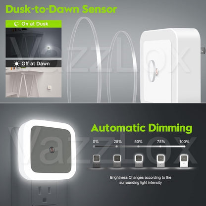 VazzLox Night Lamp for Bedroom 4PCS Smart Sensor Automatic ON/OFF Dim LED Light Energy Saving 0.5W Night Light Long Life Plug in Bed Lamps for Bedroom Lights for Hallway Stairs Kitchen Bathroom (Warm) 