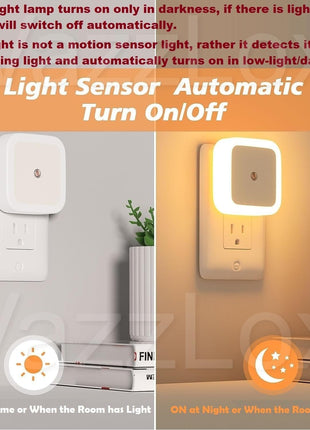 VazzLox Night Lamp for Bedroom 4PCS Smart Sensor Automatic ON/OFF Dim LED Light Energy Saving 0.5W Night Light Long Life Plug in Bed Lamps for Bedroom Lights for Hallway Stairs Kitchen Bathroom (Warm) 