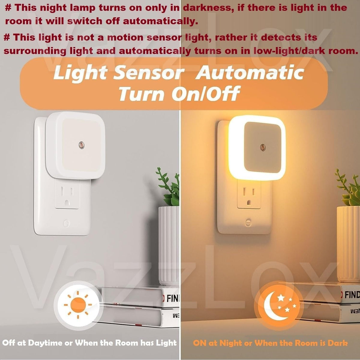 VazzLox Night Lamp for Bedroom 4PCS Smart Sensor Automatic ON/OFF Dim LED Light Energy Saving 0.5W Night Light Long Life Plug in Bed Lamps for Bedroom Lights for Hallway Stairs Kitchen Bathroom (Warm) 