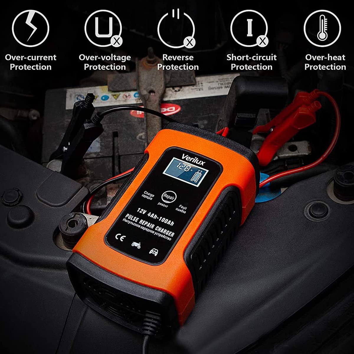 Verilux® Fully Automatic Battery Charger 5A 12V, Car Battery Charger & Maintainer- EU Plugfor Car, Motorcycle, Lawn Mower and More(Red) 