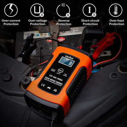 Verilux® Fully Automatic Battery Charger 5A 12V, Car Battery Charger & Maintainer- EU Plugfor Car, Motorcycle, Lawn Mower and More(Red) 
