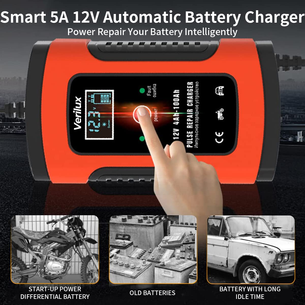 Verilux® Fully Automatic Battery Charger 5A 12V, Car Battery Charger & Maintainer- EU Plugfor Car, Motorcycle, Lawn Mower and More(Red) 