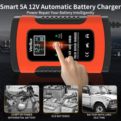 Verilux® Fully Automatic Battery Charger 5A 12V, Car Battery Charger & Maintainer- EU Plugfor Car, Motorcycle, Lawn Mower and More(Red) 