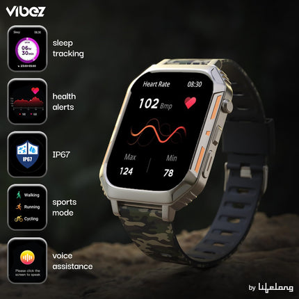 Vibez by Lifelong |New Launch| Trooper Smart Watch for Men | 2.02 Always On Display AMOLED, 550 NITS, 60Hz Refresh Rate, Two Straps, BT Calling, Multiple Sports Mode, Rugged Smartwatch (VBSW2124) 