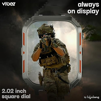 Vibez by Lifelong |New Launch| Trooper Smart Watch for Men | 2.02 Always On Display AMOLED, 550 NITS, 60Hz Refresh Rate, Two Straps, BT Calling, Multiple Sports Mode, Rugged Smartwatch (VBSW2124) 