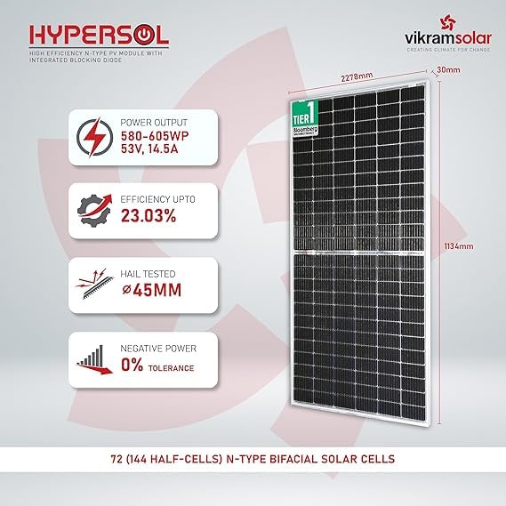 Vikram Solar Panel 590 Watt|| HYPERSOL High Efficiency N Type|| Bifacial PV Solar Module|| Non DCR Half-Cut 144 Cells || 53V Voc, 14.5A Isc|| 30 Years Performance Warranty||Pack of 2 Panels~1.2kw 