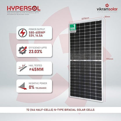 Vikram Solar Panel 590 Watt|| HYPERSOL High Efficiency N Type|| Bifacial PV Solar Module|| Non DCR Half-Cut 144 Cells || 53V Voc, 14.5A Isc|| 30 Years Performance Warranty||Pack of 2 Panels~1.2kw 