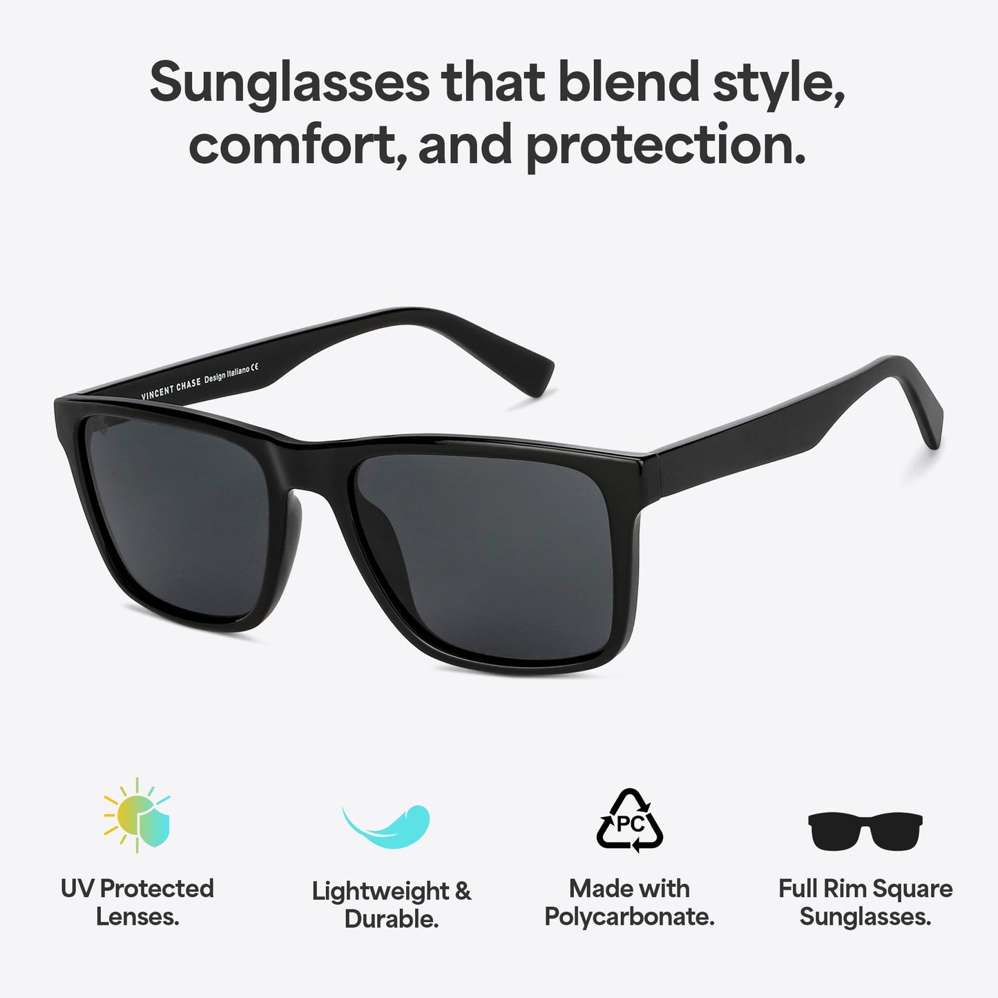 Vincent Chase Black Rim Square Polarised Sunglasses For Men And Women S13973 