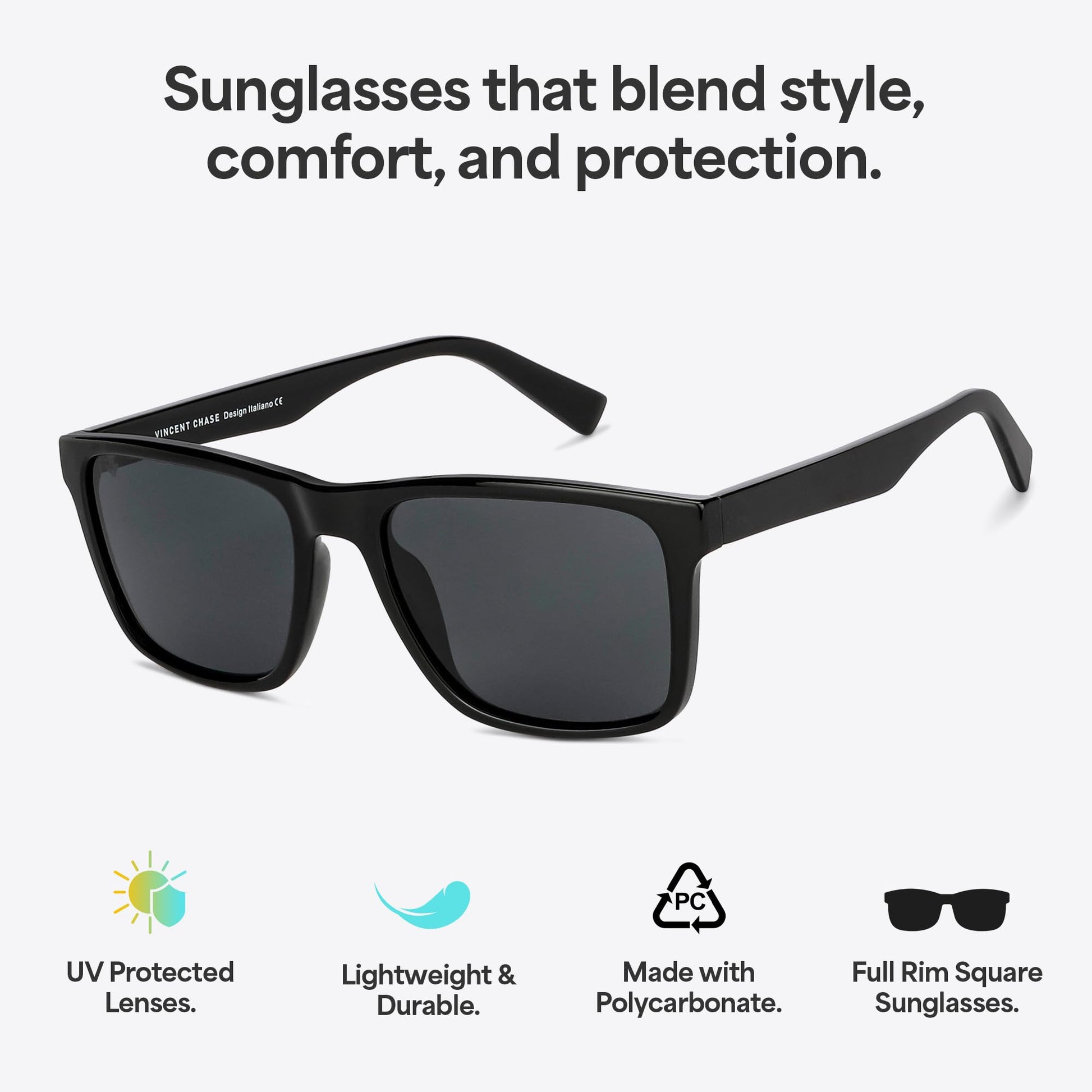 Vincent Chase Black Rim Square Polarised Sunglasses For Men And Women S13973 