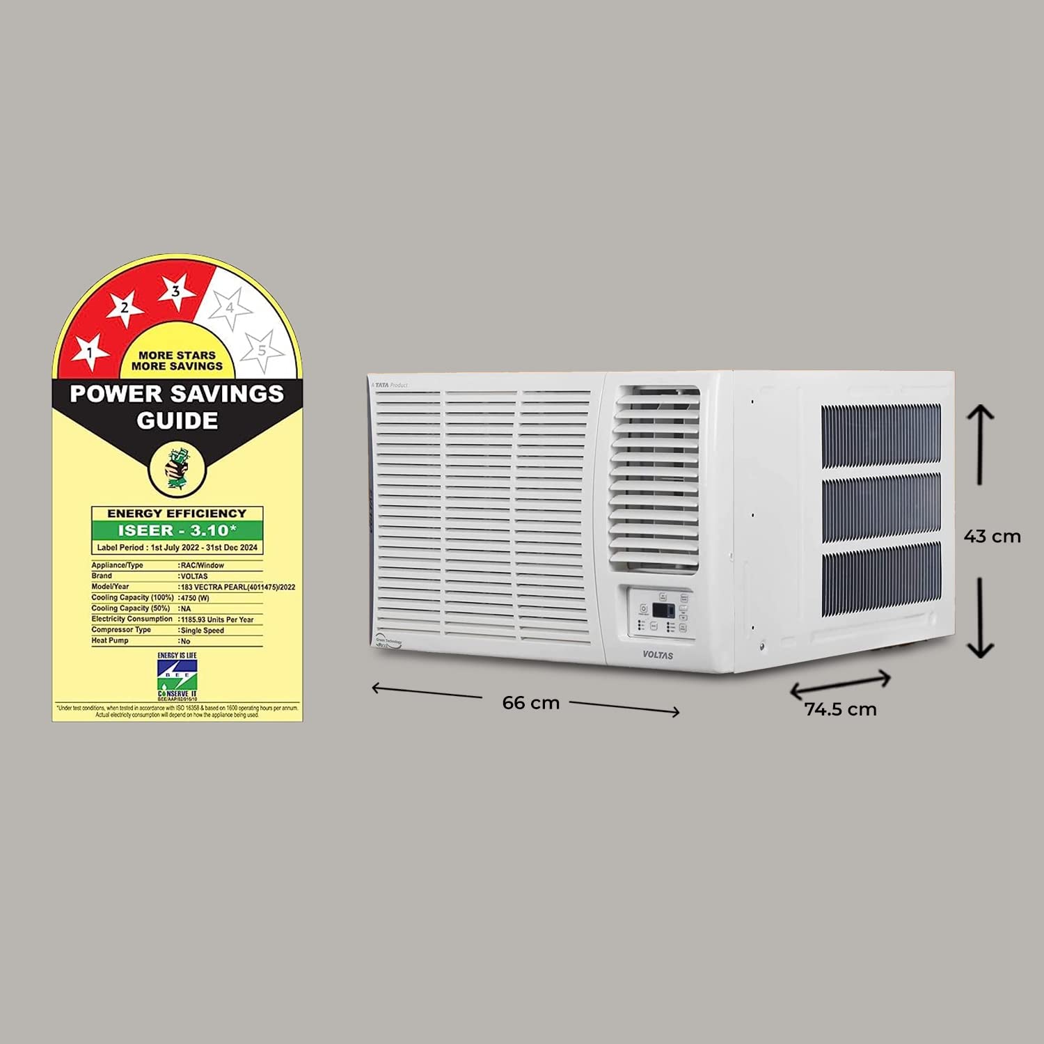 Voltas 1.5 Ton 3 Star, Turbo Mode Window AC (Copper Condenser, Anti-Rust Coating, Anti-Freeze Thermostat, 2023 Model, AC 1.5T 183 Vectra Pearl, White) 