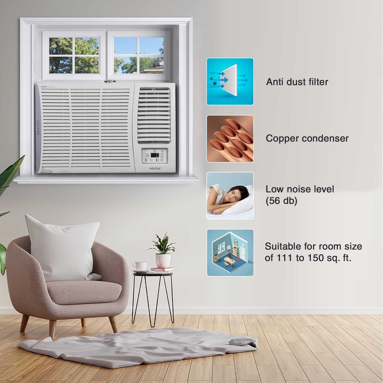 Voltas 1.5 Ton 3 Star, Turbo Mode Window AC (Copper Condenser, Anti-Rust Coating, Anti-Freeze Thermostat, 2023 Model, AC 1.5T 183 Vectra Pearl, White) 
