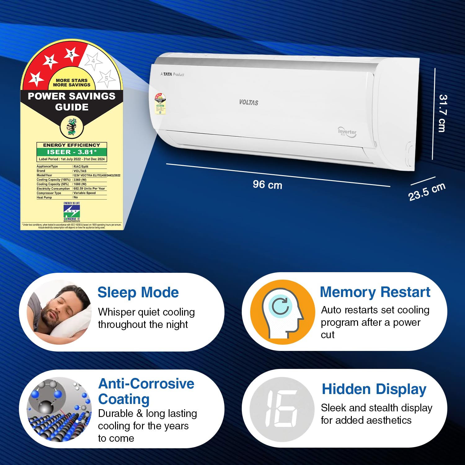 Voltas 1 Ton 3 Star, Inverter Split AC(Copper, 4-in-1 Adjustable Mode, Anti-dust Filter, 2023 Model, 123V Vectra Elite, White) 