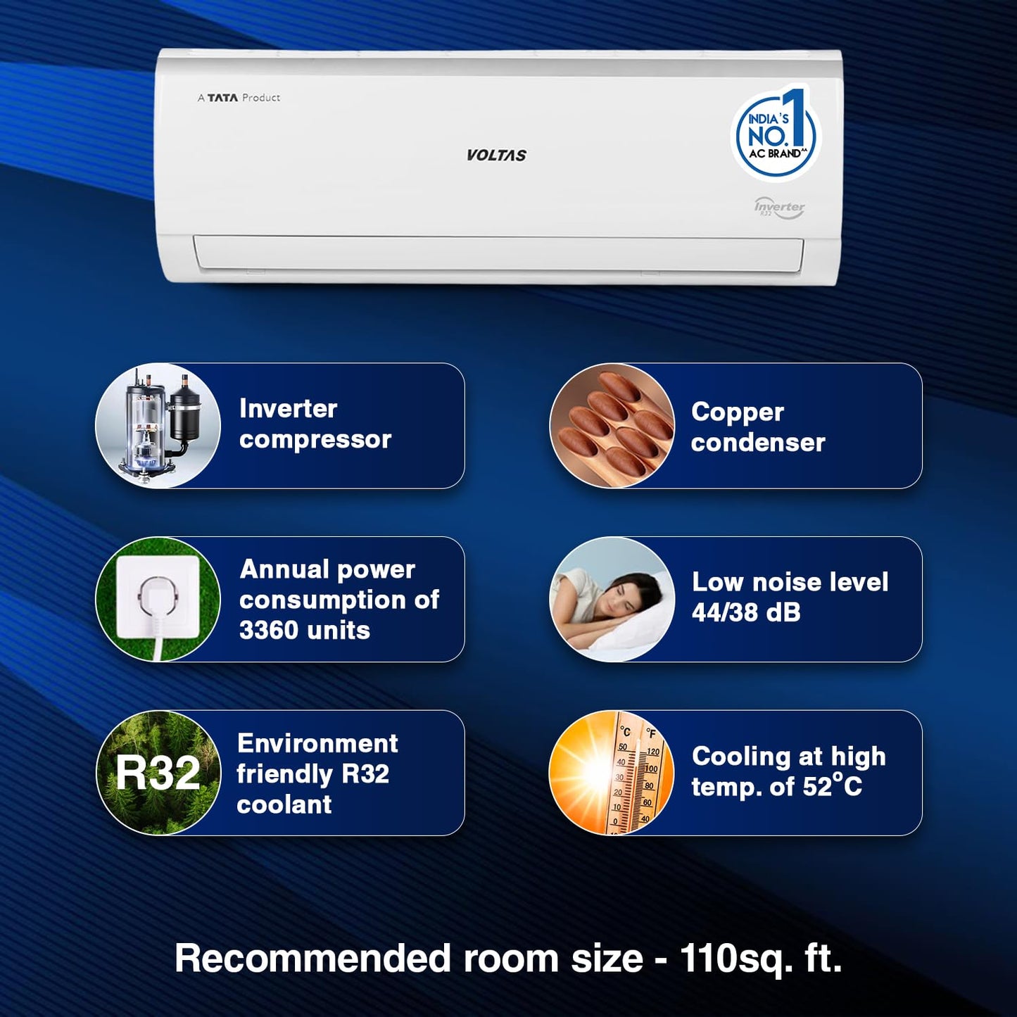 Voltas 1 Ton 3 Star, Inverter Split AC(Copper, 4-in-1 Adjustable Mode, Anti-dust Filter, 2023 Model, 123V Vectra Elite, White) 