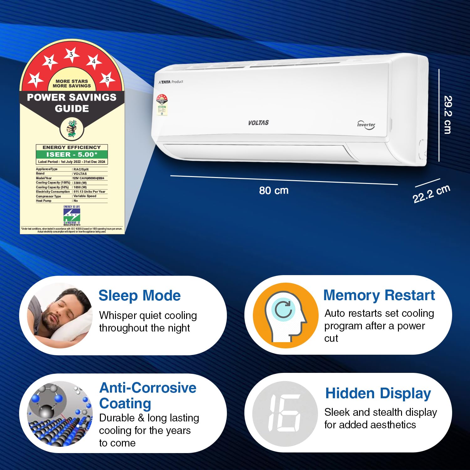 Voltas 1 ton 5 Star, Inverter Split AC (Copper, 4-in-1 Adjustable Mode, Anti-dust Filter, 2024 Model, 125V Vectra CAW, White) 