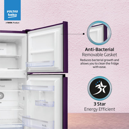 Voltas Beko ‘A TATA Product’ 228 L 2 star Frost free Refrigerator with two separate cooling system (RFF265D/W0NPR0I0000GO, Nightangel Purple) 