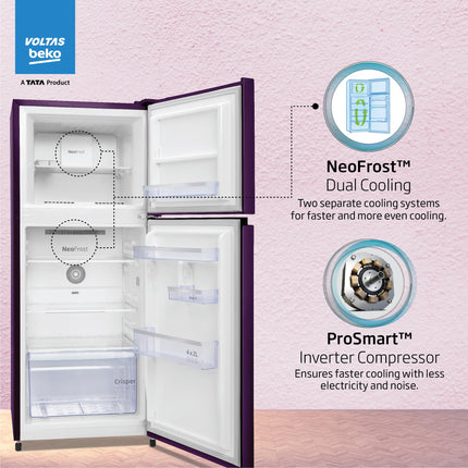 Voltas Beko ‘A TATA Product’ 228 L 2 star Frost free Refrigerator with two separate cooling system (RFF265D/W0NPR0I0000GO, Nightangel Purple) 
