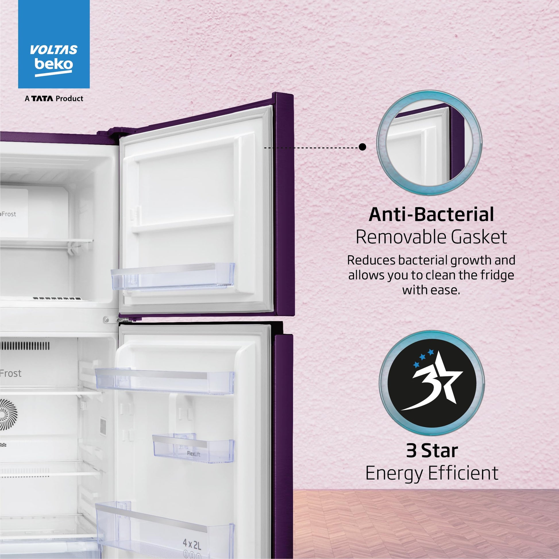 Voltas Beko ‘A TATA Product’ 228 L 2 star Frost free Refrigerator with two separate cooling system (RFF265D/W0NPR0I0000GO, Nightangel Purple) 