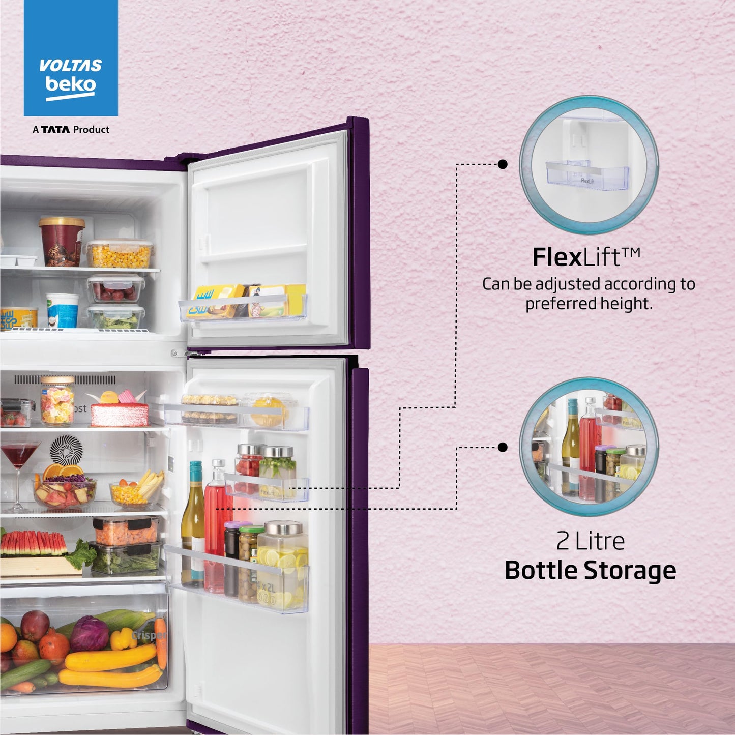 Voltas Beko ‘A TATA Product’ 228 L 2 star Frost free Refrigerator with two separate cooling system (RFF265D/W0NPR0I0000GO, Nightangel Purple) 