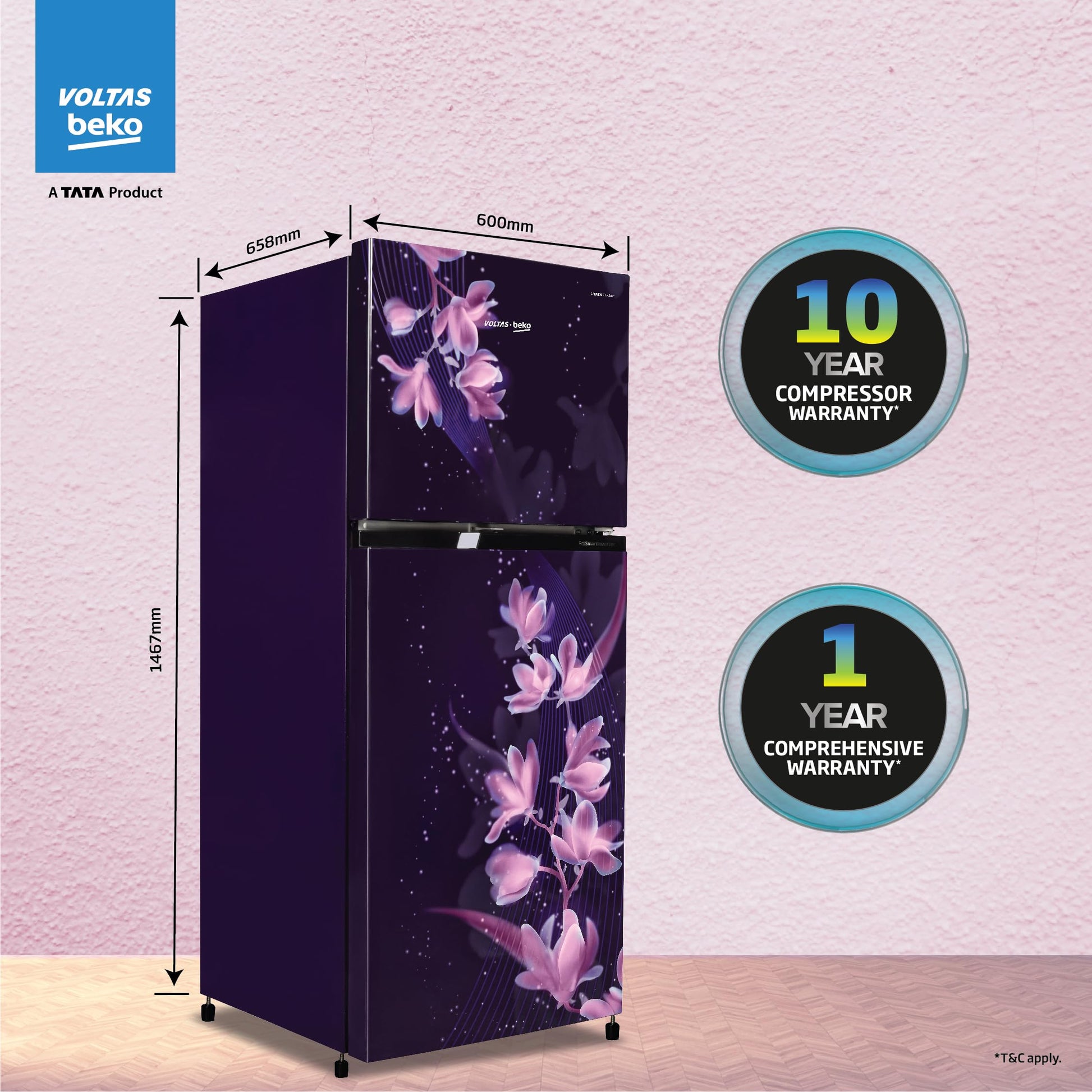 Voltas Beko ‘A TATA Product’ 228 L 2 star Frost free Refrigerator with two separate cooling system (RFF265D/W0NPR0I0000GO, Nightangel Purple) 