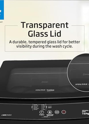 Voltas Beko, A TATA Product 7 kg 5 Star Eco Wash/Monsoon Dry Fully-Automatic Top-Load Washing Machine (2025 Model, WTL70, Water Reuse, Side Waterfall, Monsoon Dry, Dark Grey) 