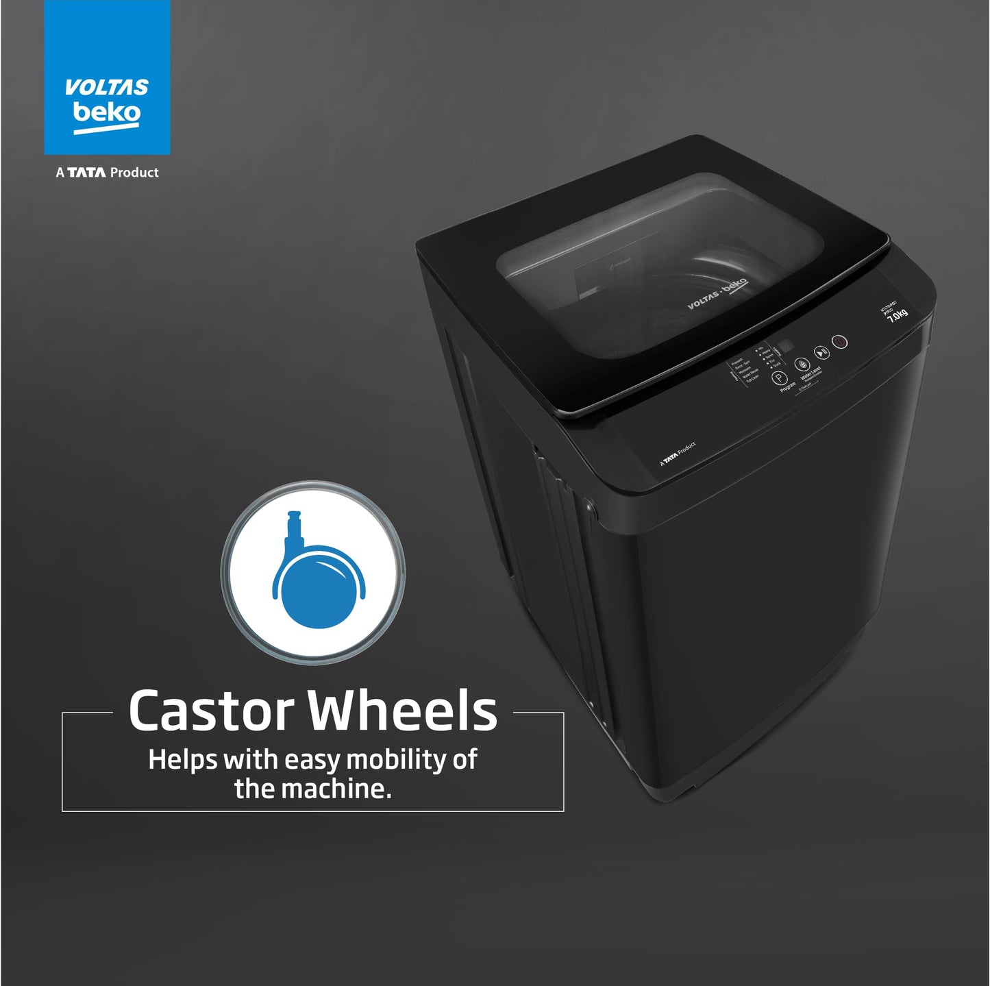 Voltas Beko, A TATA Product 7 kg 5 Star Eco Wash/Monsoon Dry Fully-Automatic Top-Load Washing Machine (2025 Model, WTL70, Water Reuse, Side Waterfall, Monsoon Dry, Dark Grey) 
