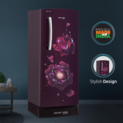 Voltas Beko ‘A TATA product’ 183 L 3 star Made-In-India Direct Cool Refrigerator with Base Drawer (RDC215C / W0FLE0M0B00GO, Fairy Flower Lilac) 