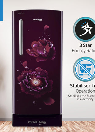 Voltas Beko ‘A TATA product’ 183 L 3 star Made-In-India Direct Cool Refrigerator with Base Drawer (RDC215C / W0FLE0M0B00GO, Fairy Flower Lilac) 