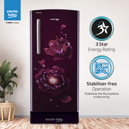 Voltas Beko ‘A TATA product’ 183 L 3 star Made-In-India Direct Cool Refrigerator with Base Drawer (RDC215C / W0FLE0M0B00GO, Fairy Flower Lilac) 