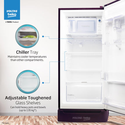 Voltas Beko ‘A TATA product’ 183 L 3 star Made-In-India Direct Cool Refrigerator with Base Drawer (RDC215C / W0FLE0M0B00GO, Fairy Flower Lilac) 