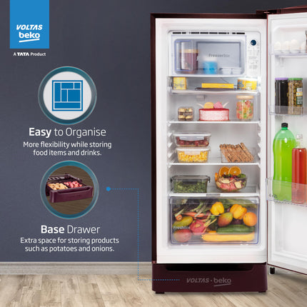 Voltas Beko ‘A TATA product’ 183 L 3 star Made-In-India Direct Cool Refrigerator with Base Drawer (RDC215C / W0FLE0M0B00GO, Fairy Flower Lilac) 