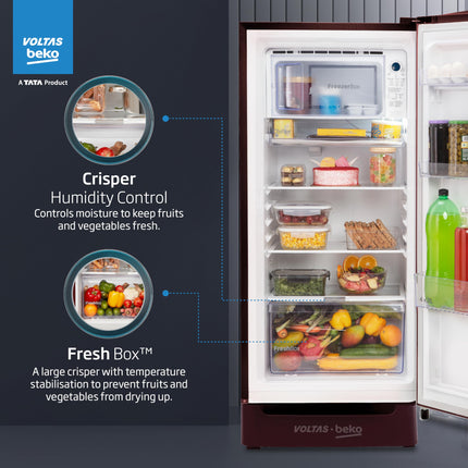 Voltas Beko ‘A TATA product’ 183 L 3 star Made-In-India Direct Cool Refrigerator with Base Drawer (RDC215C / W0FLE0M0B00GO, Fairy Flower Lilac) 