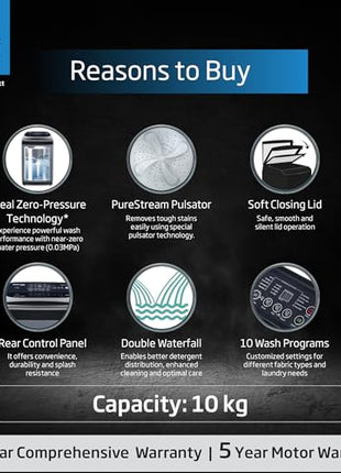 Voltas Beko, A Tata Product 10 Kg 5 Star Fully-Automatic Top Loading Washing Machine (WTL1006UEA/OBS1060, Grey, Double Waterfall Technology) 