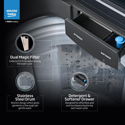 Voltas Beko, A Tata Product 10 Kg 5 Star Fully-Automatic Top Loading Washing Machine (WTL1006UEA/OBS1060, Grey, Double Waterfall Technology) 