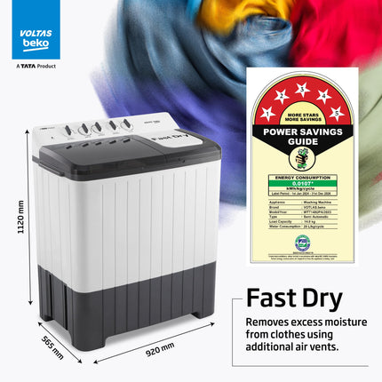 Voltas Beko, A Tata Product 14 Kg 5 Star Semi-Automatic Top Load Washing Machine (WTT140UPA/GR5KPTD, Grey, Special pulsator and Double waterfall Technology) 