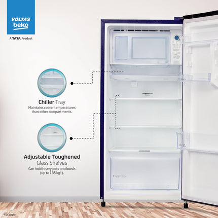 Voltas Beko, A Tata Product 183 L 3 Star Direct Cool Single Door Refrigerator (2024 Model, RDC215C/S0BFR0M0000GO, Fressia Blue, With Fresh Box Technology and Chiller Zone) 