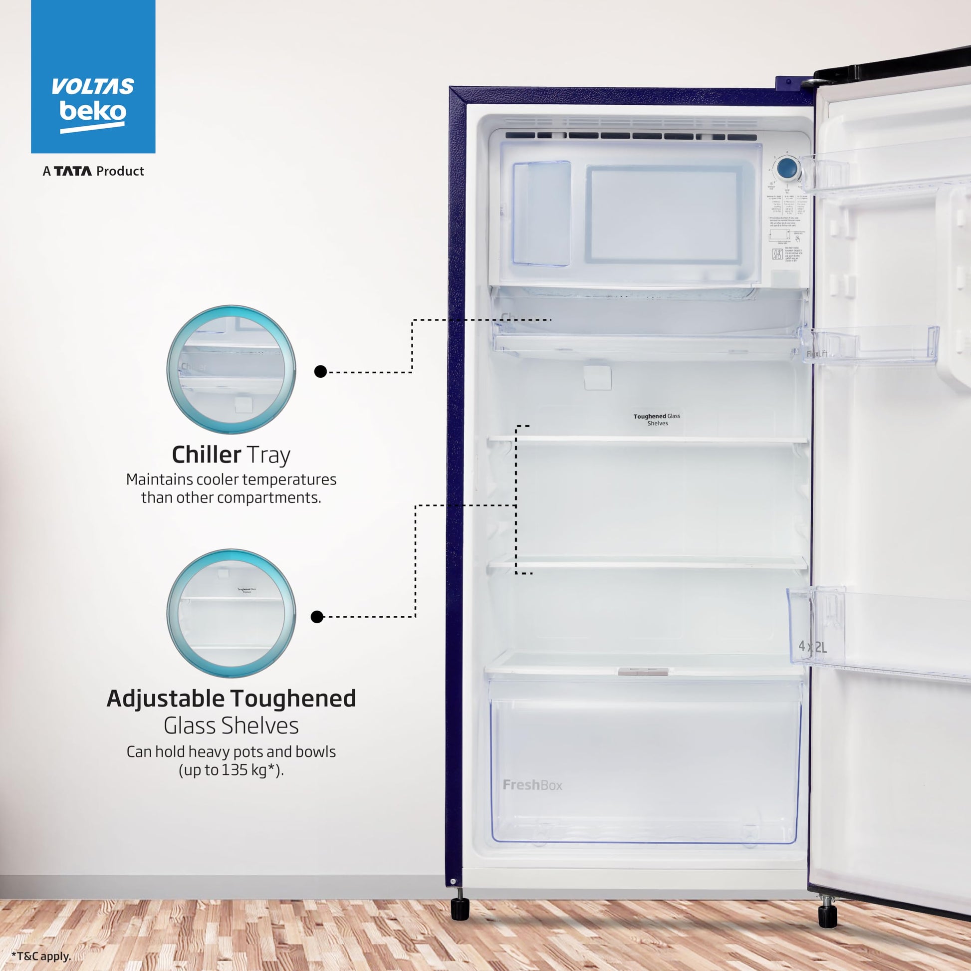 Voltas Beko, A Tata Product 183 L 3 Star Direct Cool Single Door Refrigerator (2024 Model, RDC215C/S0BFR0M0000GO, Fressia Blue, With Fresh Box Technology and Chiller Zone) 