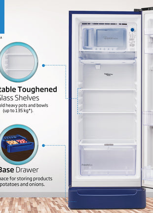 Voltas Beko, A Tata Product 208 L 5 Star Direct Cool Single Door Refrigerator (RDC240A/W0BBRTM0B00GO, Bonita Blue, With Fresh Box Technology, Quick Frezze, Chiller Zone and Base Drawer) 