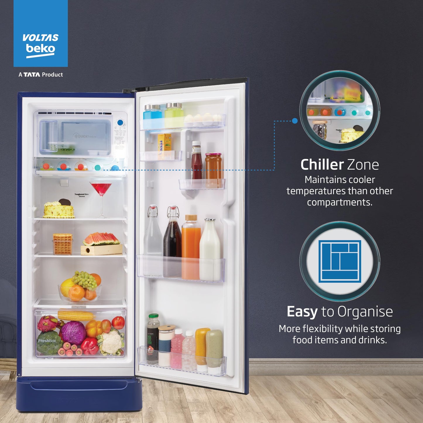 Voltas Beko, A Tata Product 208 L 5 Star Direct Cool Single Door Refrigerator (RDC240A/W0BBRTM0B00GO, Bonita Blue, With Fresh Box Technology, Quick Frezze, Chiller Zone and Base Drawer) 
