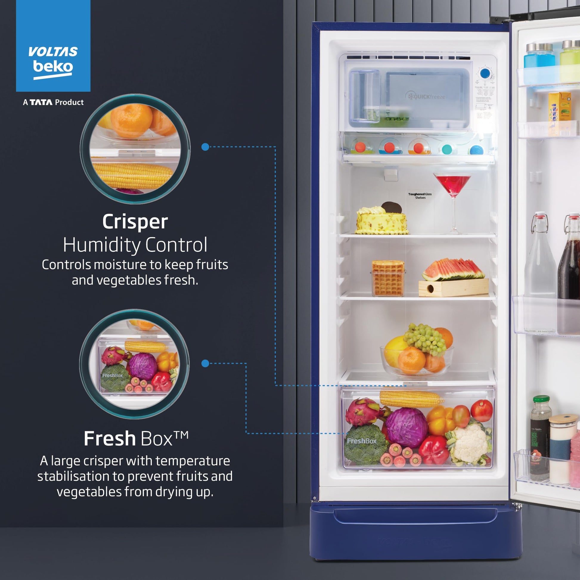 Voltas Beko, A Tata Product 208 L 5 Star Direct Cool Single Door Refrigerator (RDC240A/W0BBRTM0B00GO, Bonita Blue, With Fresh Box Technology, Quick Frezze, Chiller Zone and Base Drawer) 