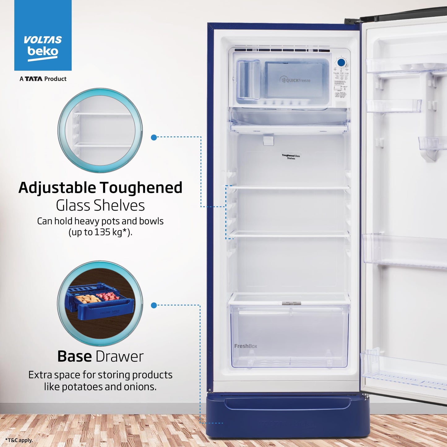 Voltas Beko, A Tata Product 208 L 5 Star Direct Cool Single Door Refrigerator (RDC240A/W0BBRTM0B00GO, Bonita Blue, With Fresh Box Technology, Quick Frezze, Chiller Zone and Base Drawer) 