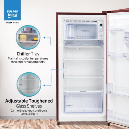 Voltas Beko ‘A Tata Product’ 210 L 3 star Made-in-India Direct cool Refrigerator (RDC245C / W0DWE0M000UGD, Dahlia Wine) 