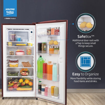 Voltas Beko ‘A Tata Product’ 210 L 3 star Made-in-India Direct cool Refrigerator (RDC245C / W0DWE0M000UGD, Dahlia Wine) 