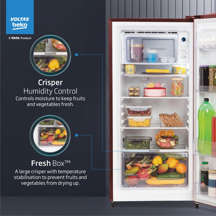 Voltas Beko ‘A Tata Product’ 210 L 3 star Made-in-India Direct cool Refrigerator (RDC245C / W0DWE0M000UGD, Dahlia Wine) 